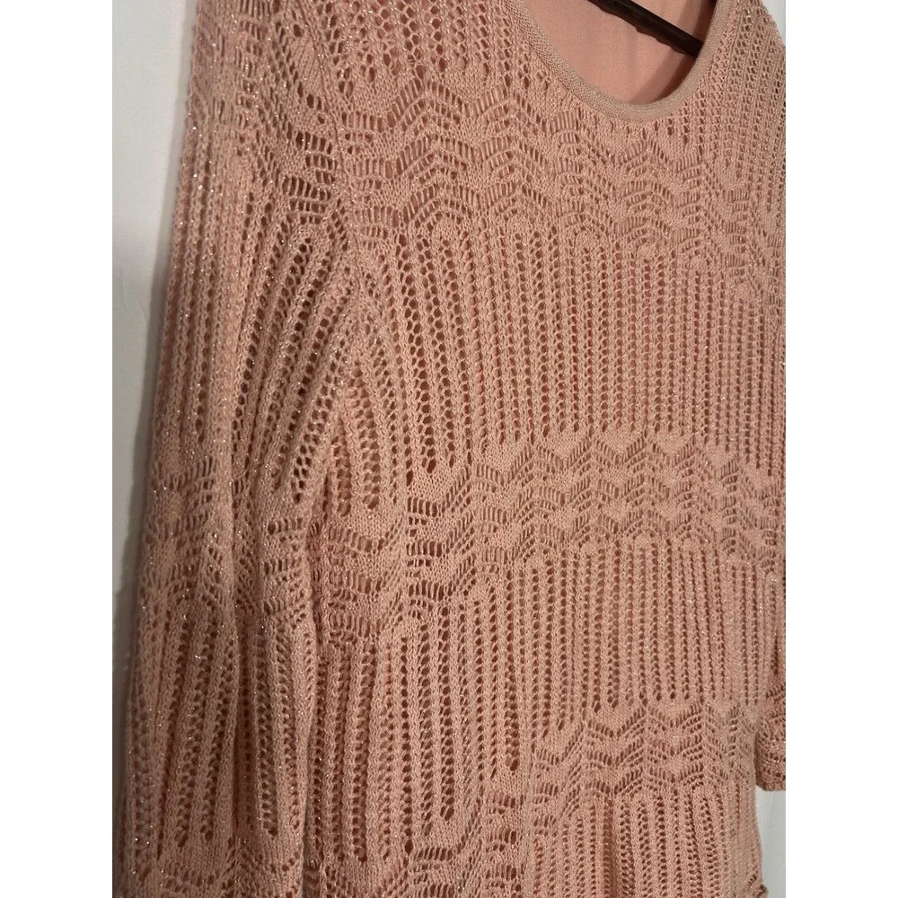 Vintage Womens Open Knit Boho Crochet Sweater Pink Fairy Coquette Asymmetric Y2K